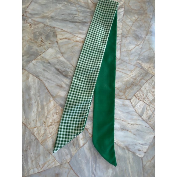 Unbranded Accessories - Green White Gingham Reversible Skinny Scarf Emerald Satin Hair Ribbon Necktie